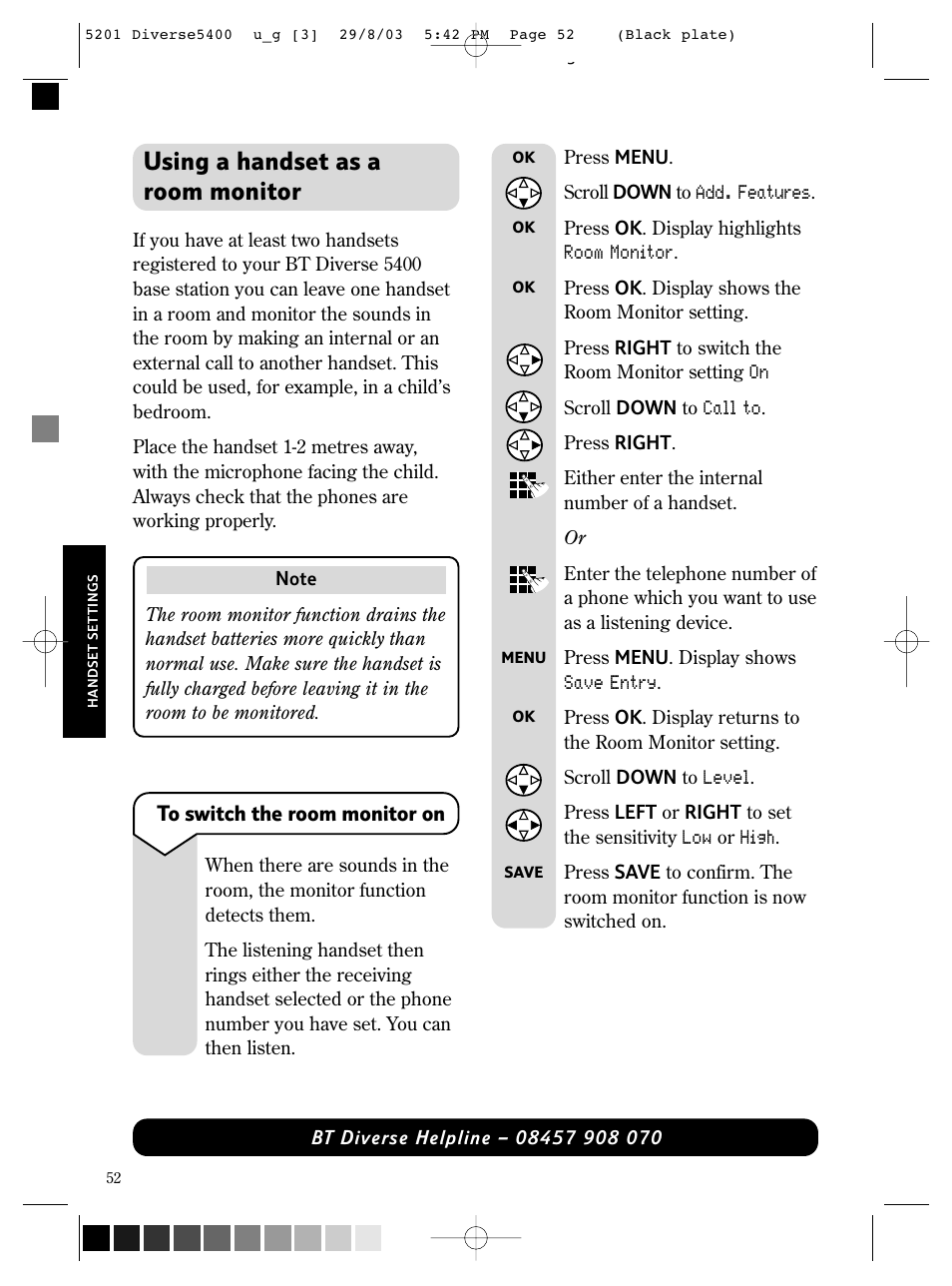 Using a handset as a room monitor | BT DIVERSE 5400 User Manual | Page 54 / 65