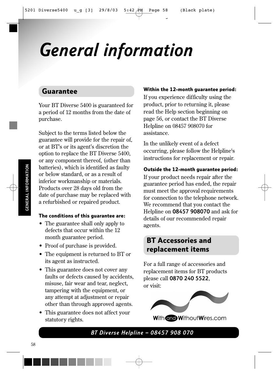 General information, Guarantee, Bt accessories and replacement items | BT DIVERSE 5400 User Manual | Page 60 / 65