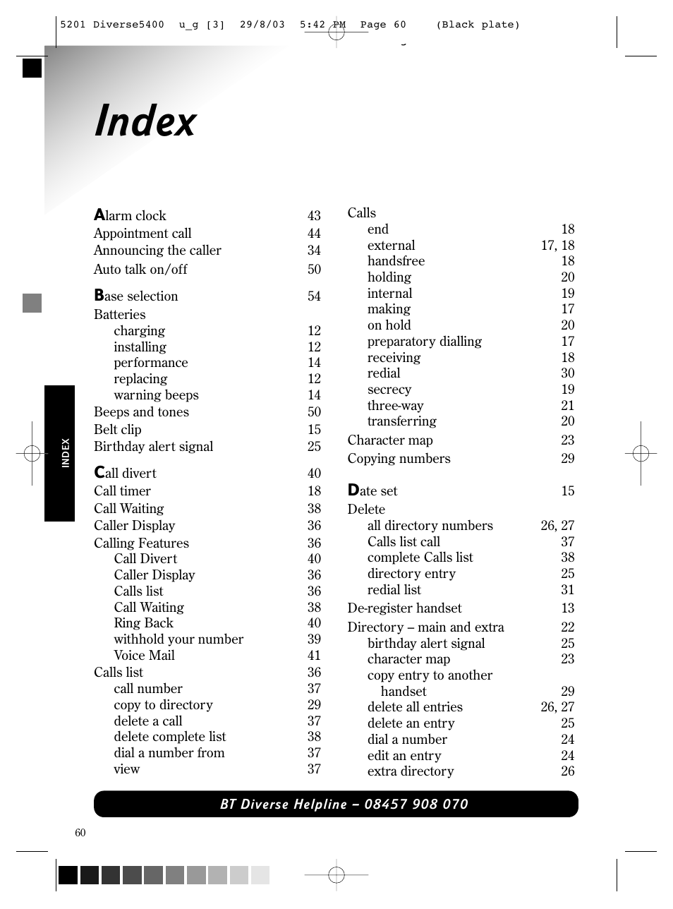 Index | BT DIVERSE 5400 User Manual | Page 62 / 65