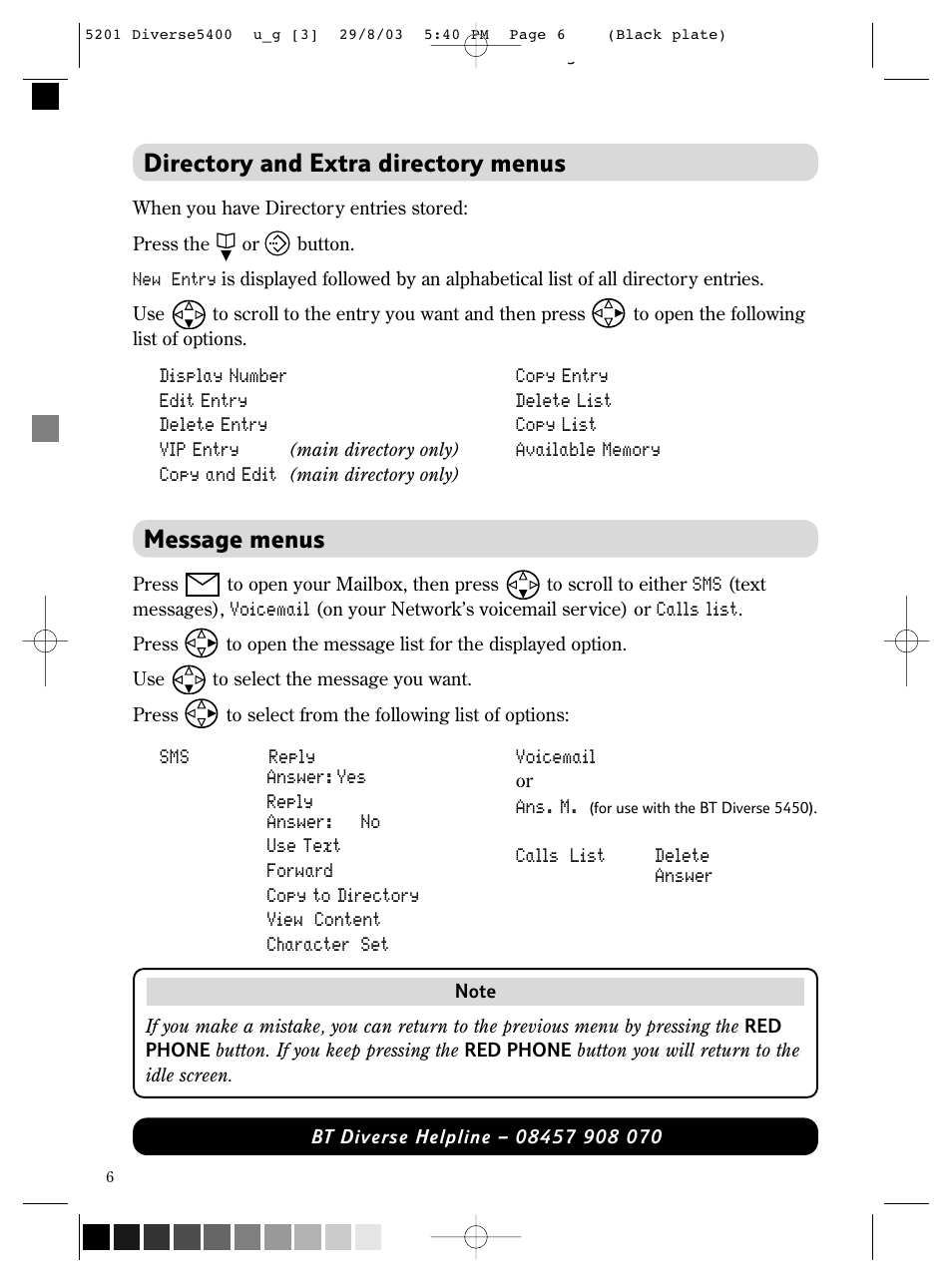 Directory and extra directory menus, Message menus | BT DIVERSE 5400 User Manual | Page 8 / 65