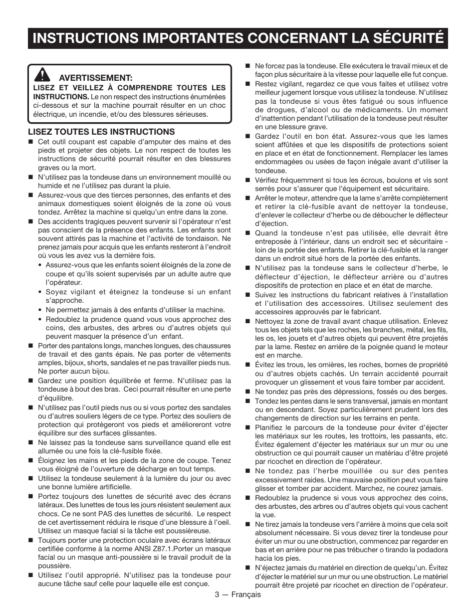 Instructions importantes concernant la sécurité | Ryobi RY14110А User Manual | Page 20 / 48