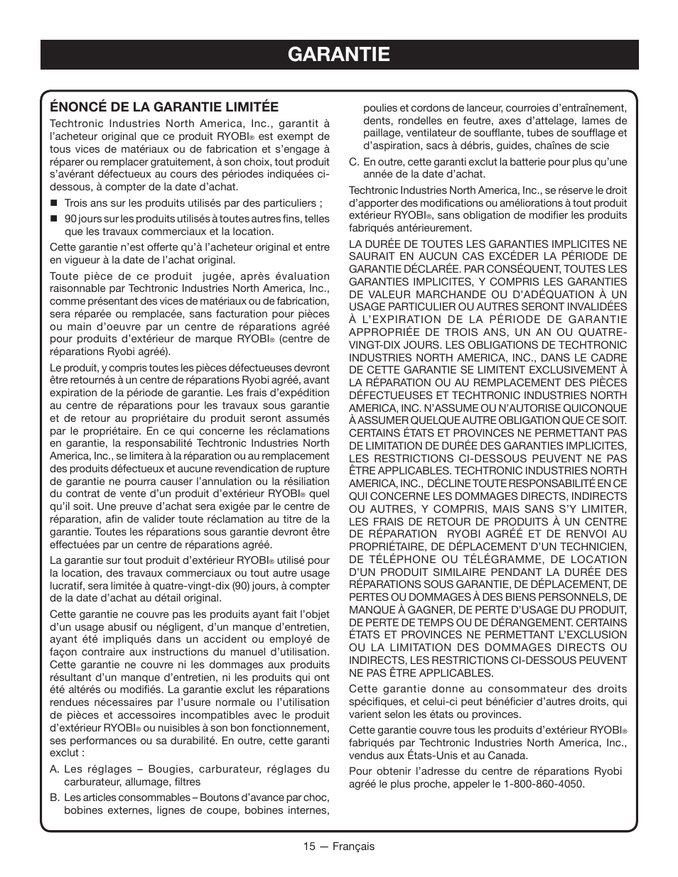 Garantie, Énoncé de la garantie limitée | Ryobi RY14110А User Manual | Page 32 / 48