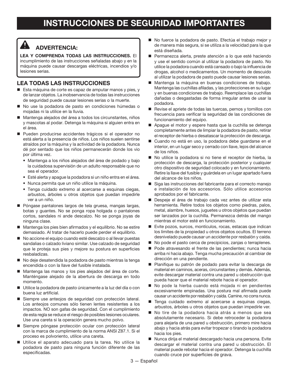 Instrucciones de seguridad importantes, Advertencia, Lea todas las instrucciones | Ryobi RY14110А User Manual | Page 34 / 48