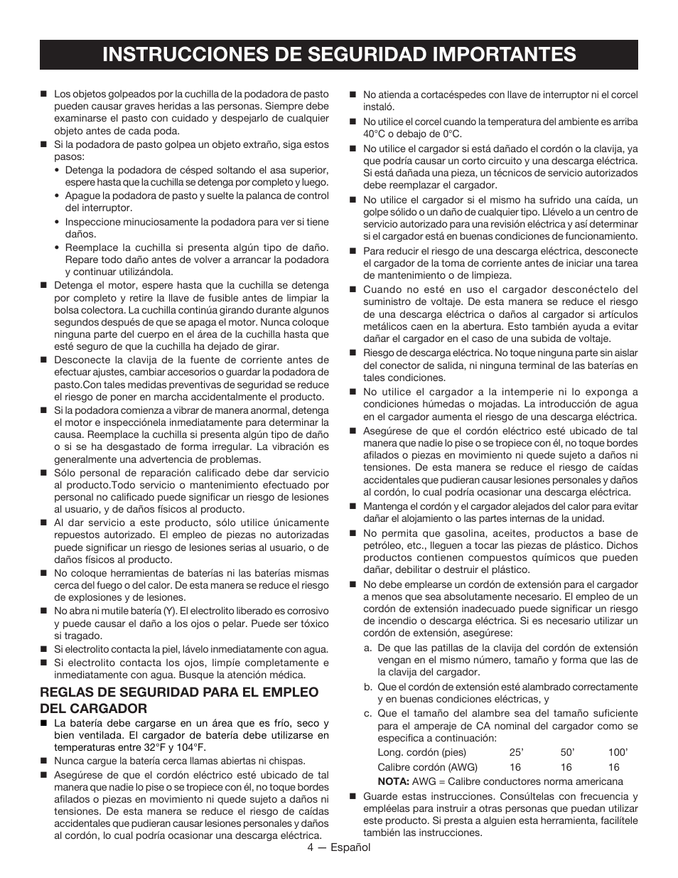 Instrucciones de seguridad importantes, Reglas de seguridad para el empleo del cargador | Ryobi RY14110А User Manual | Page 35 / 48