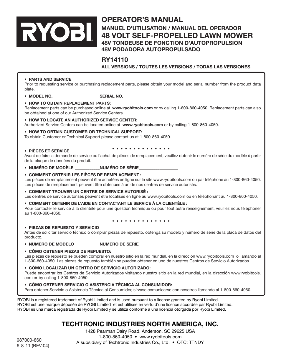 Operator’s manual, 48 volt self-propelled lawn mower, Techtronic industries north america, inc | Ryobi RY14110А User Manual | Page 48 / 48