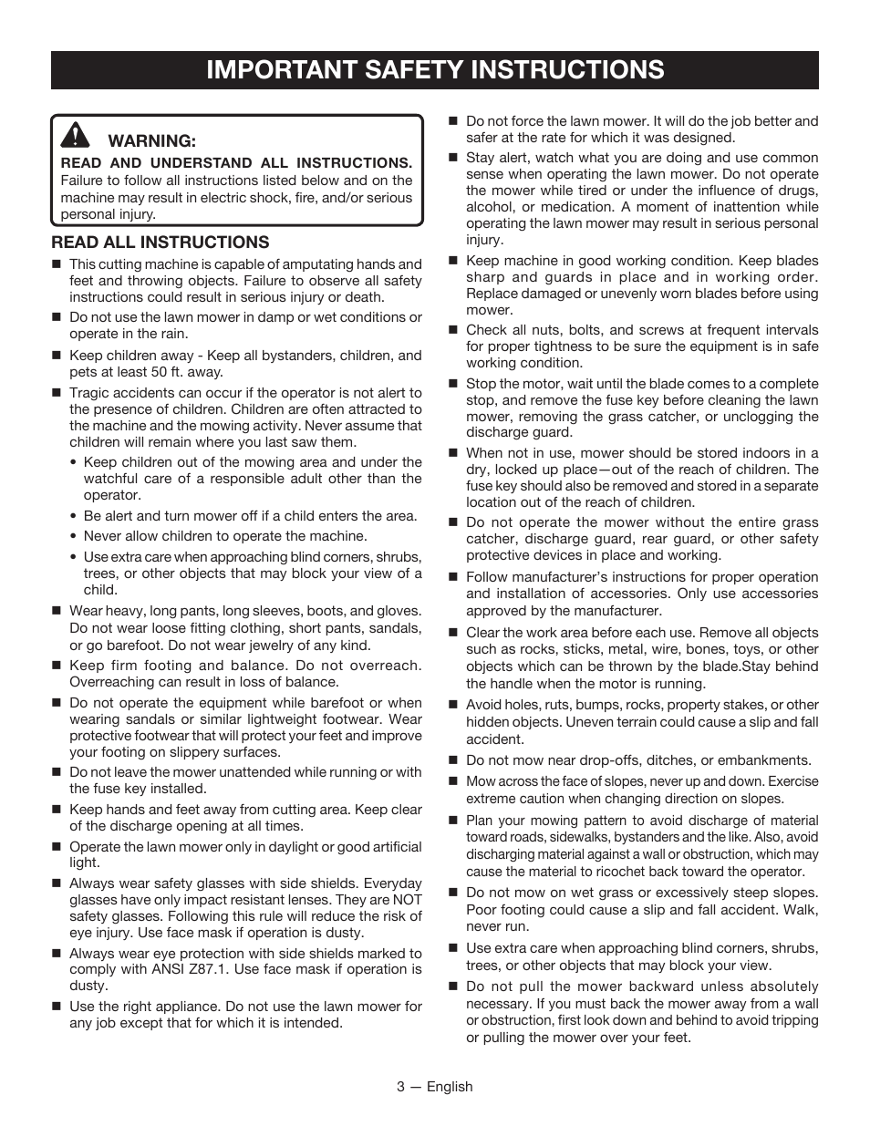 Important safety instructions | Ryobi RY14110А User Manual | Page 7 / 48