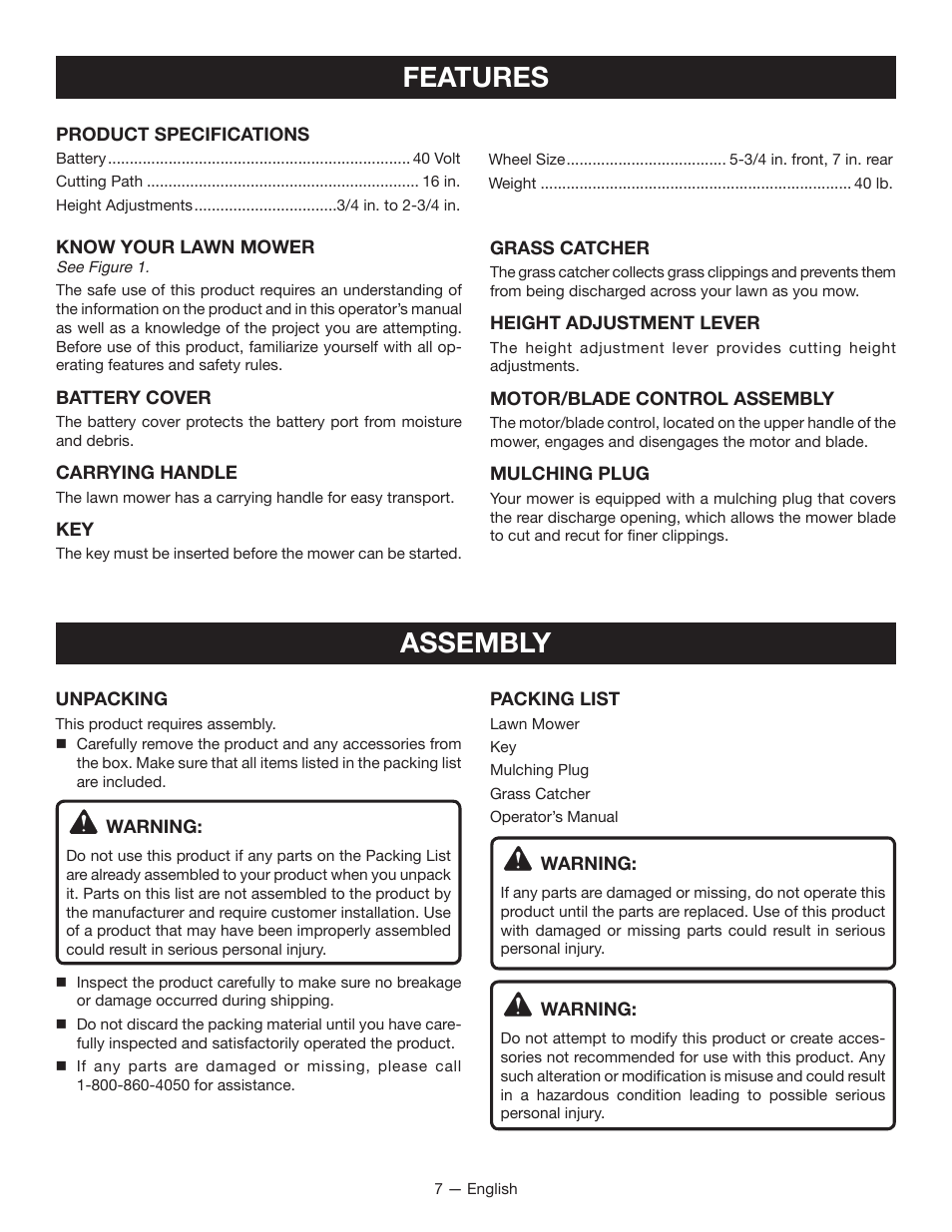 Features, Assembly | Ryobi RY40100 User Manual | Page 11 / 40