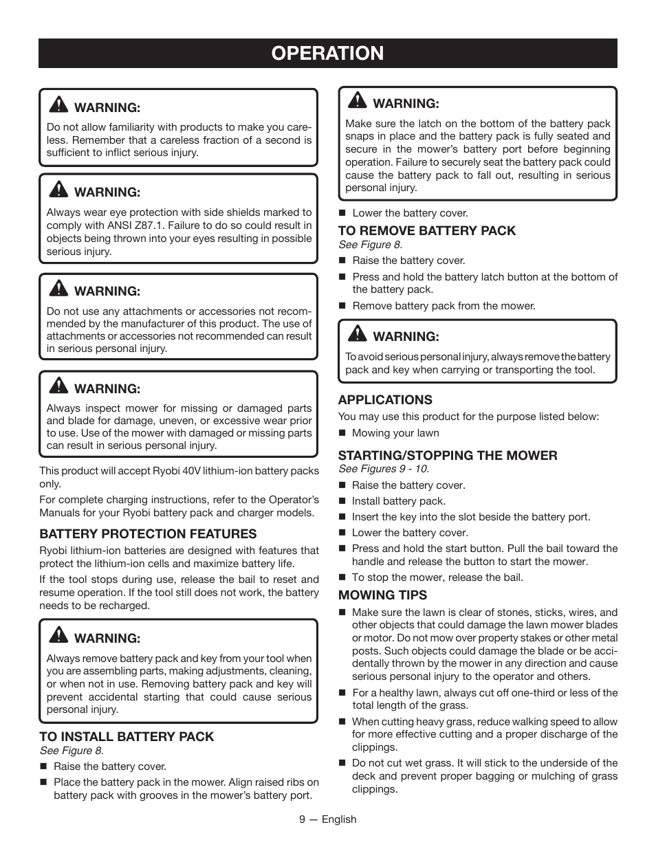 Operation | Ryobi RY40100 User Manual | Page 13 / 40