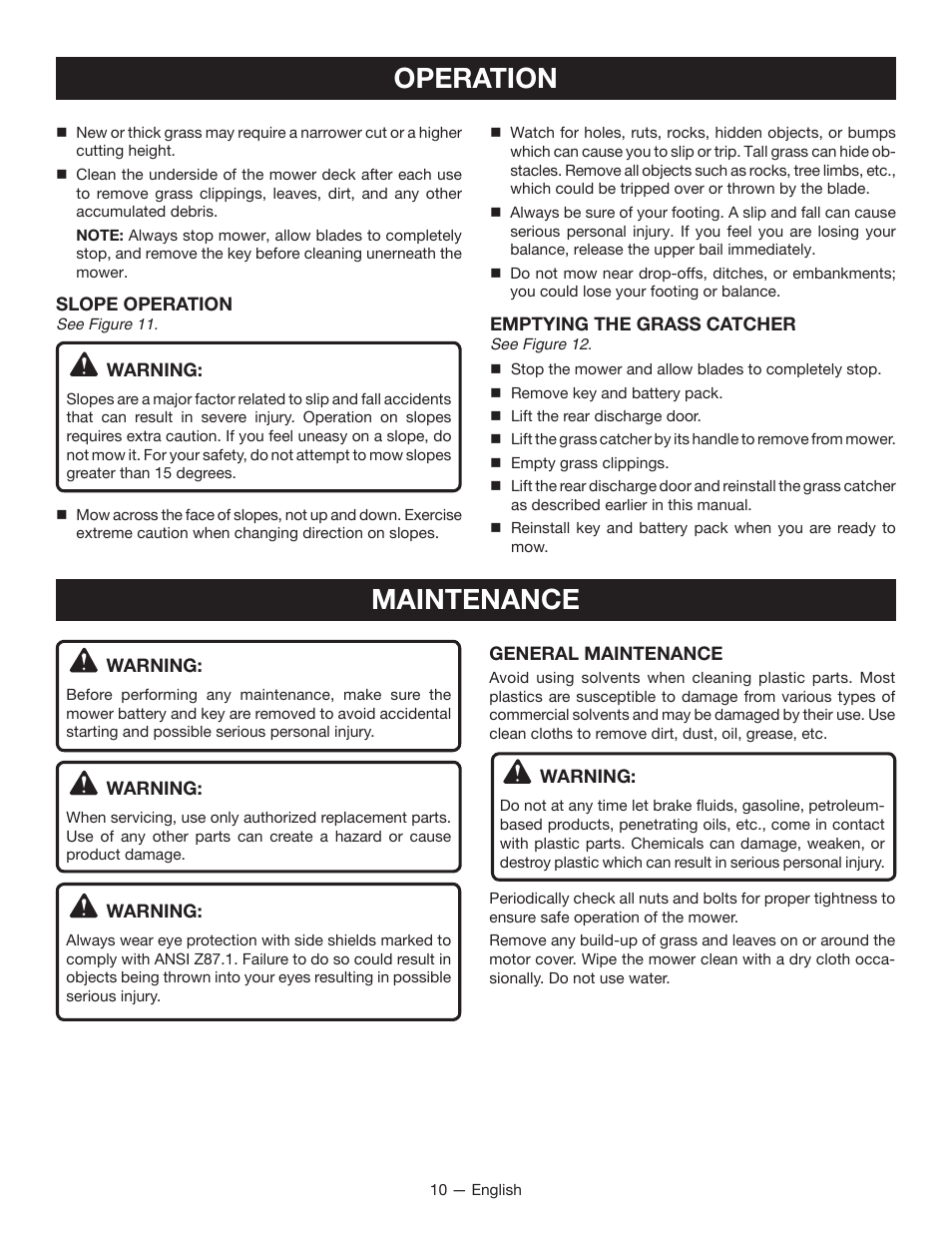 Operation, Maintenance | Ryobi RY40100 User Manual | Page 14 / 40
