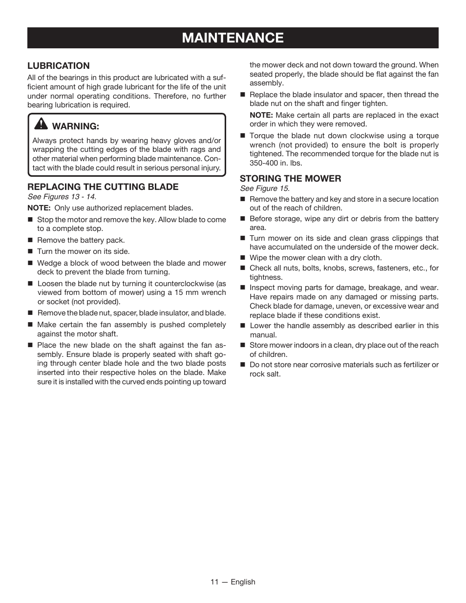 Maintenance | Ryobi RY40100 User Manual | Page 15 / 40