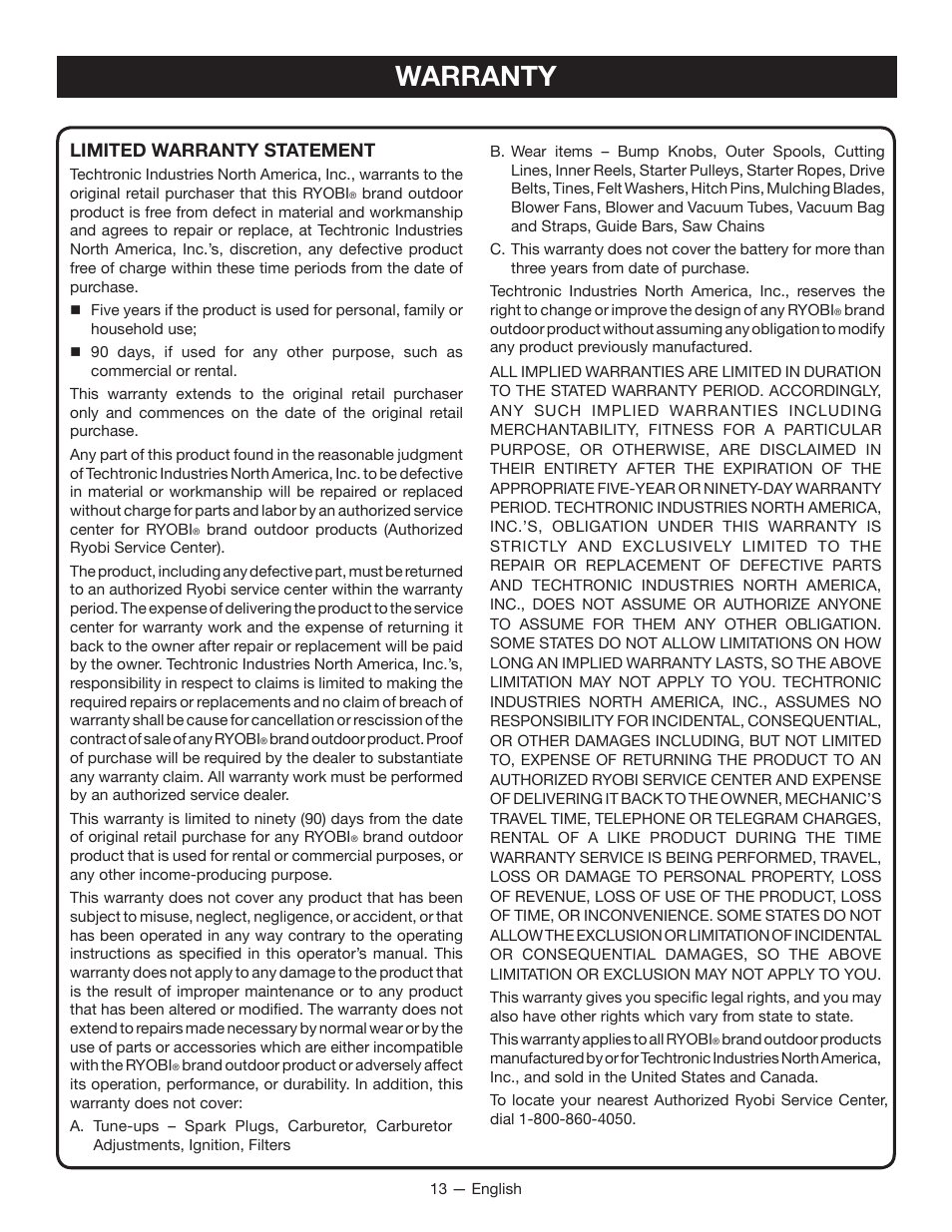 Warranty, Limited warranty statement | Ryobi RY40100 User Manual | Page 17 / 40