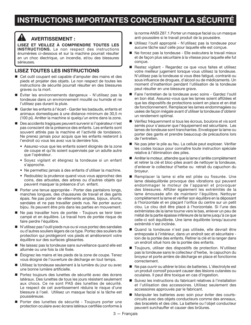 Instructions importantes concernant la sécurité, Avertissement, Lisez toutes les instructions | Ryobi RY40100 User Manual | Page 18 / 40