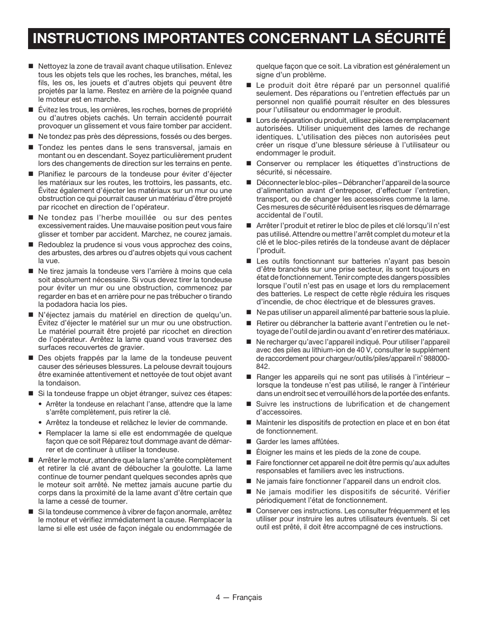 Instructions importantes concernant la sécurité | Ryobi RY40100 User Manual | Page 19 / 40
