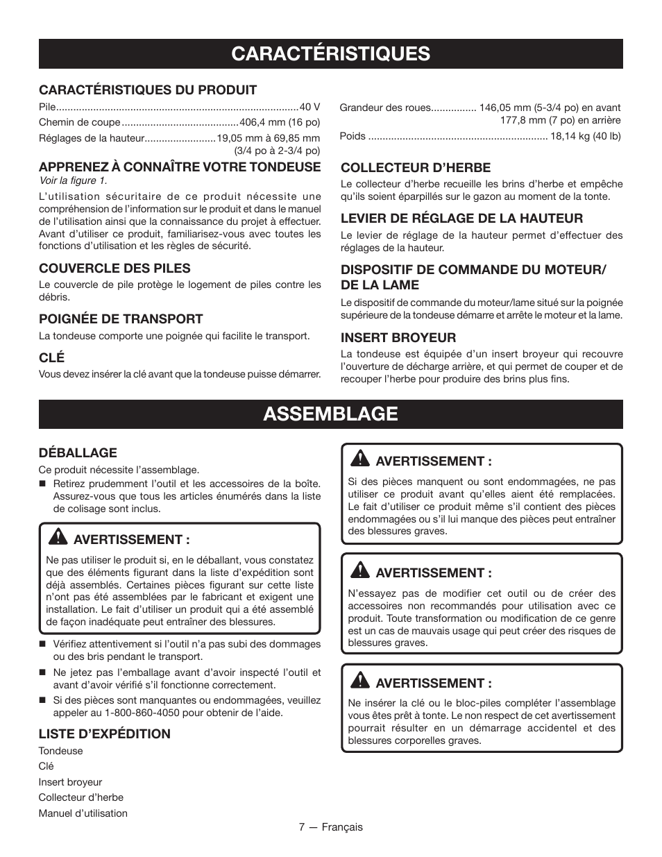 Caractéristiques, Assemblage | Ryobi RY40100 User Manual | Page 22 / 40