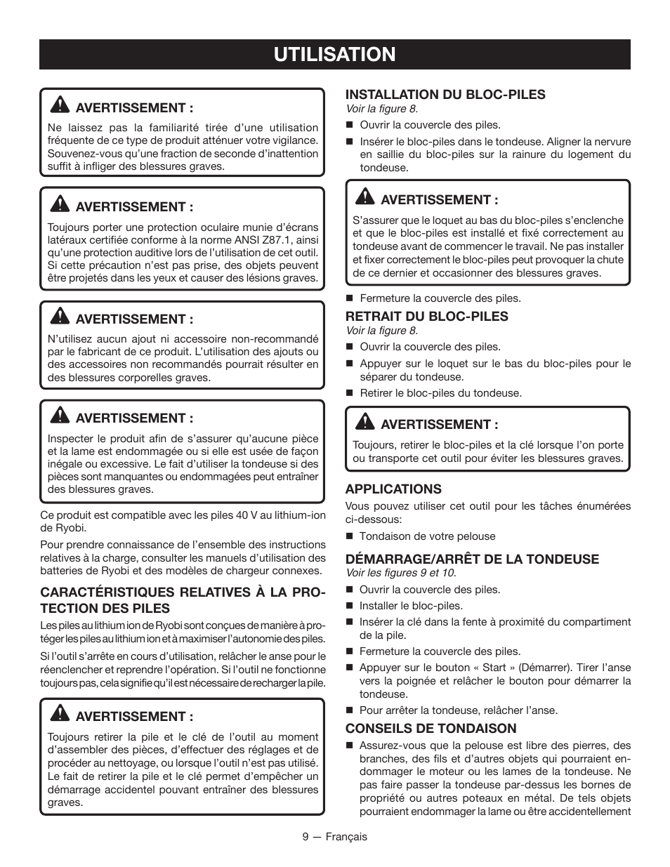Utilisation | Ryobi RY40100 User Manual | Page 24 / 40