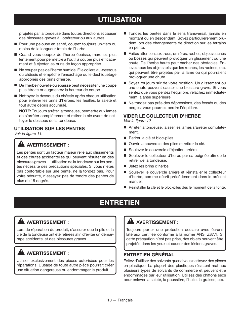 Entretien utilisation | Ryobi RY40100 User Manual | Page 25 / 40