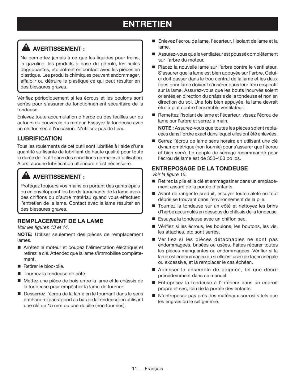 Entretien | Ryobi RY40100 User Manual | Page 26 / 40