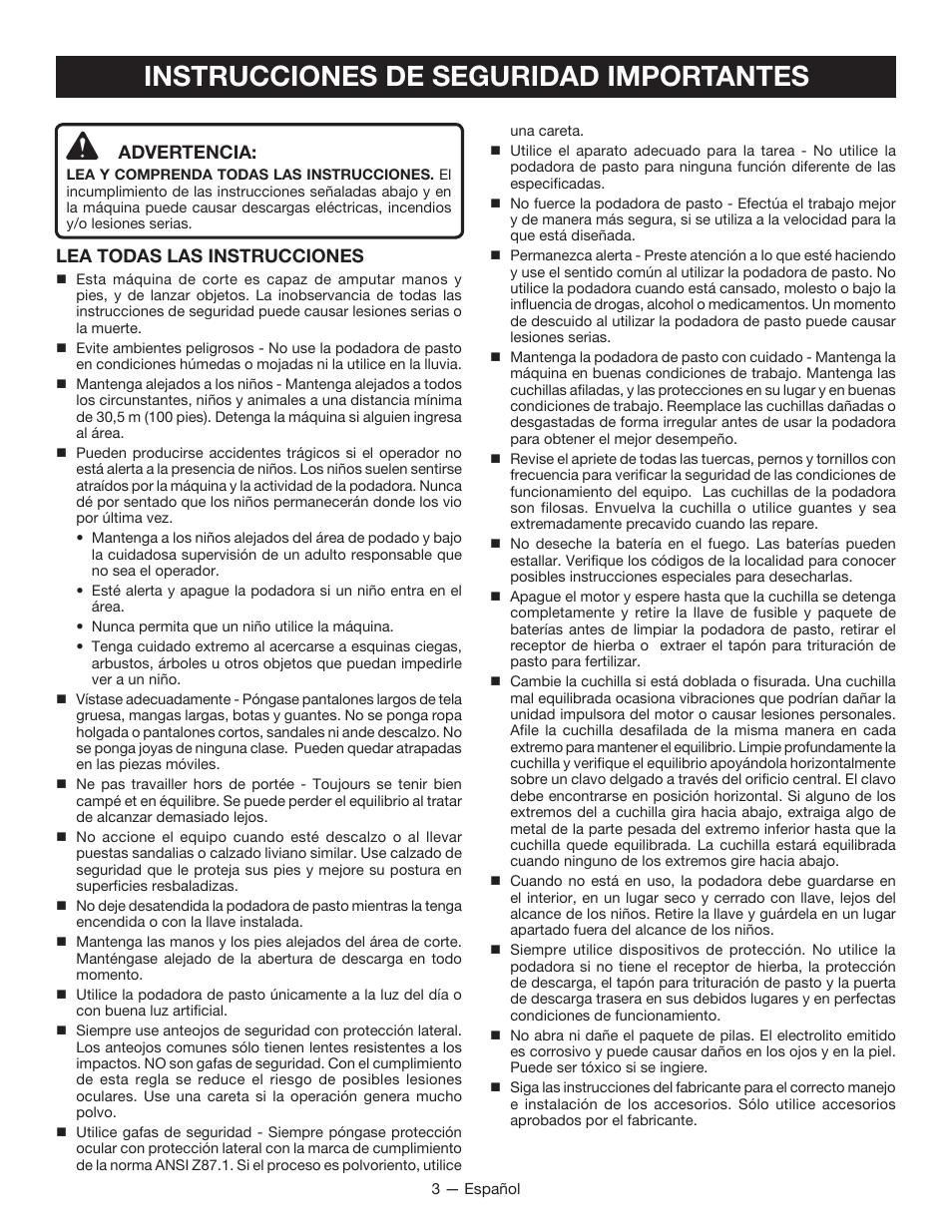 Instrucciones de seguridad importantes, Advertencia, Lea todas las instrucciones | Ryobi RY40100 User Manual | Page 29 / 40