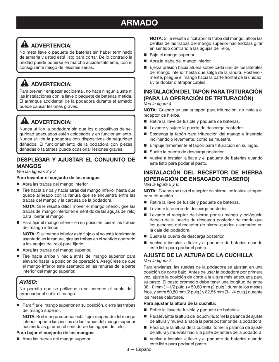 Armado, Advertencia, Desplegar y ajustar el conjunto de mangos | Aviso, Ajuste de la altura de la cuchilla | Ryobi RY40100 User Manual | Page 34 / 40