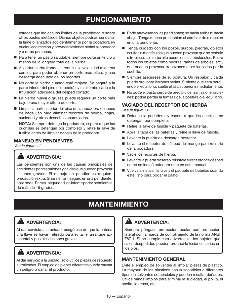 Mantenimiento funcionamiento | Ryobi RY40100 User Manual | Page 36 / 40
