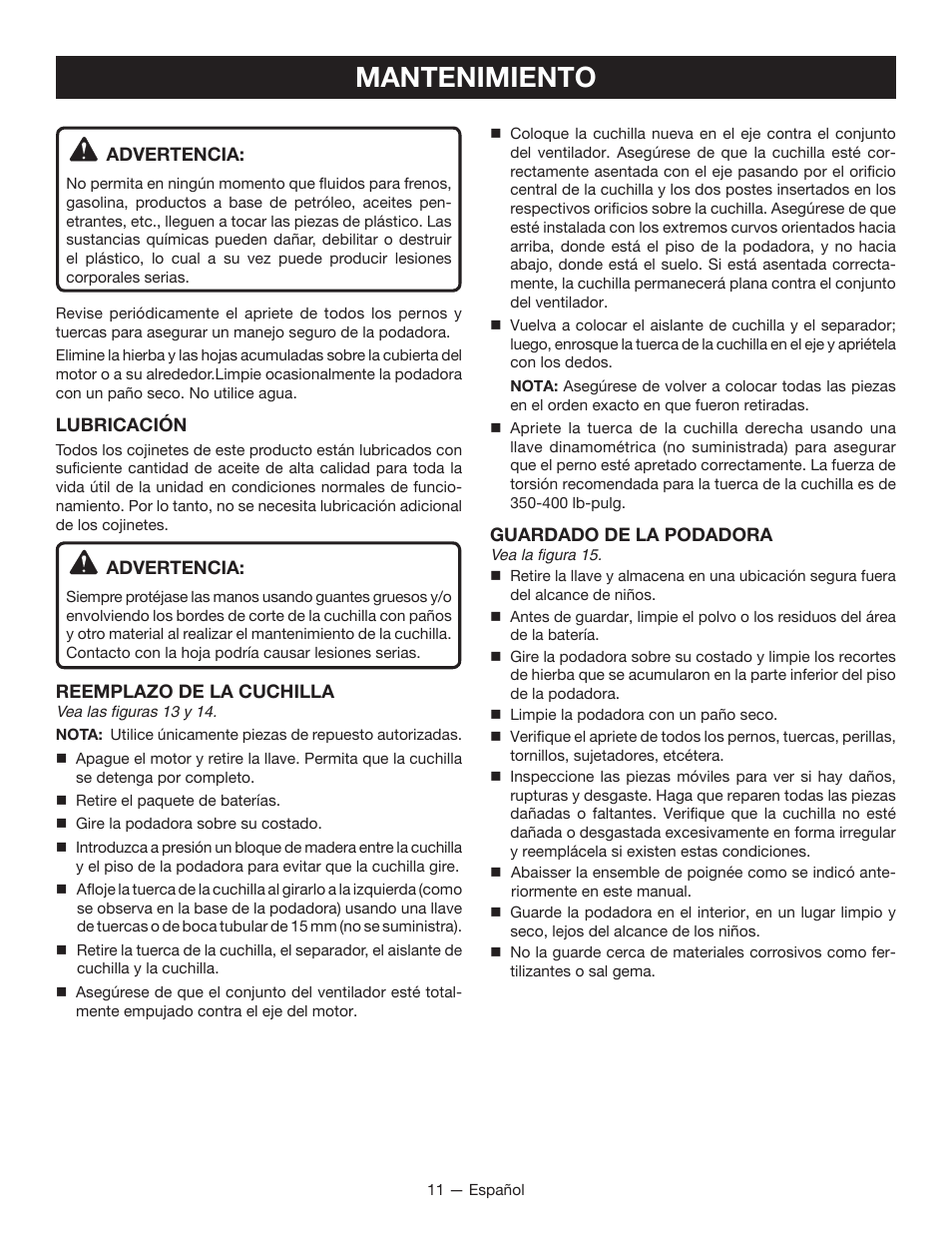 Mantenimiento | Ryobi RY40100 User Manual | Page 37 / 40