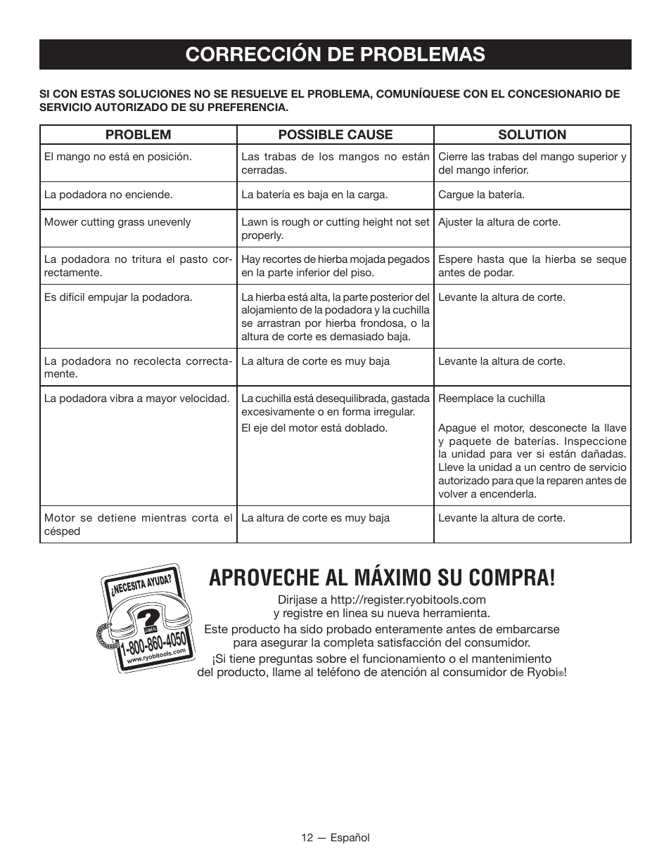 Aproveche al máximo su compra, Corrección de problemas | Ryobi RY40100 User Manual | Page 38 / 40