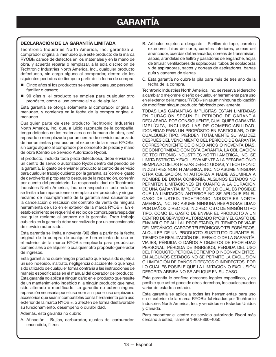 Garantía | Ryobi RY40100 User Manual | Page 39 / 40