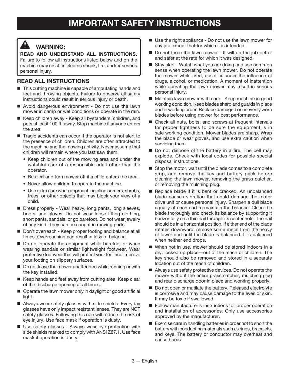 Important safety instructions | Ryobi RY40100 User Manual | Page 7 / 40