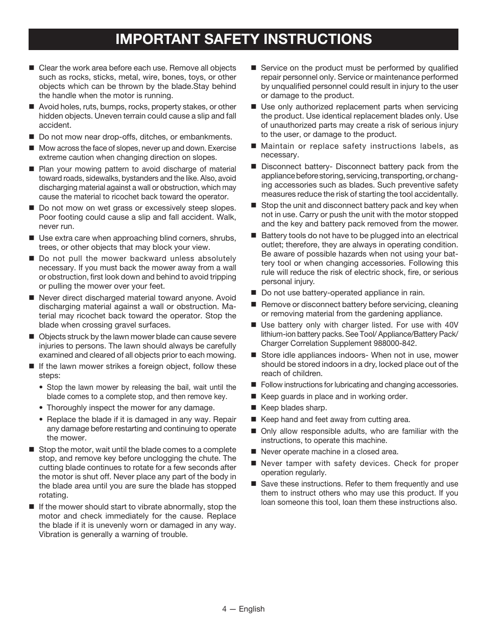 Important safety instructions | Ryobi RY40100 User Manual | Page 8 / 40