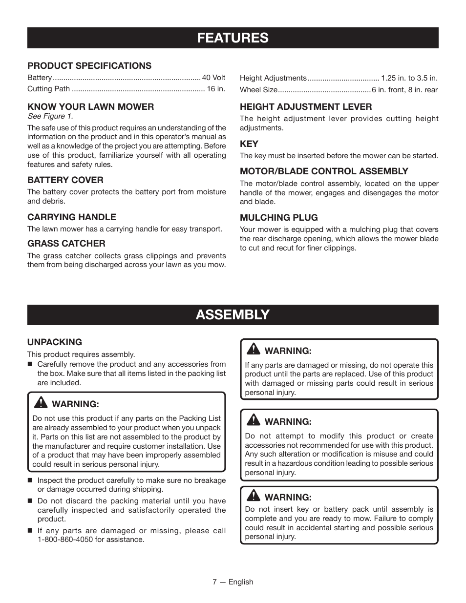 Features, Assembly | Ryobi RY40101 User Manual | Page 11 / 40