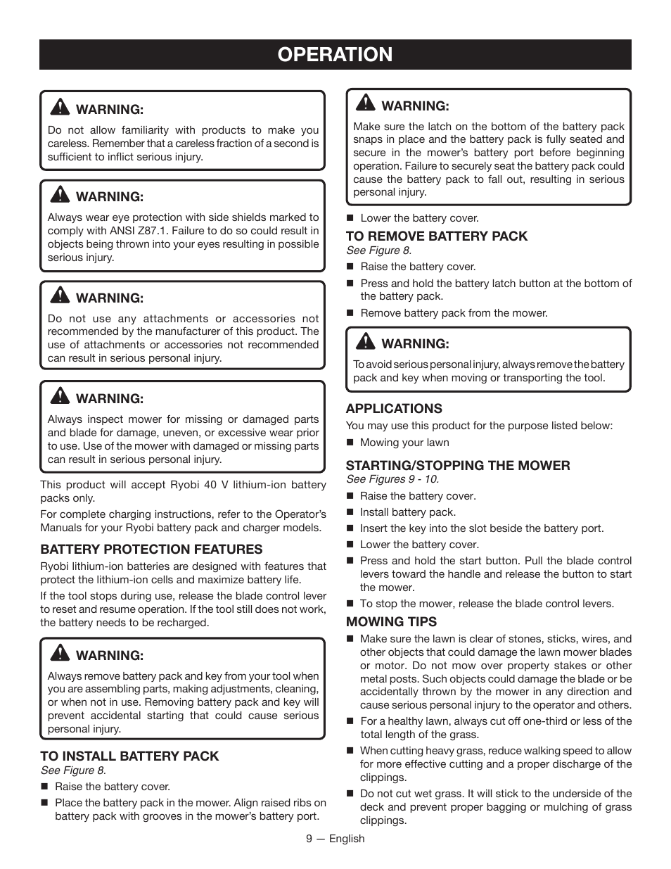 Operation | Ryobi RY40101 User Manual | Page 13 / 40
