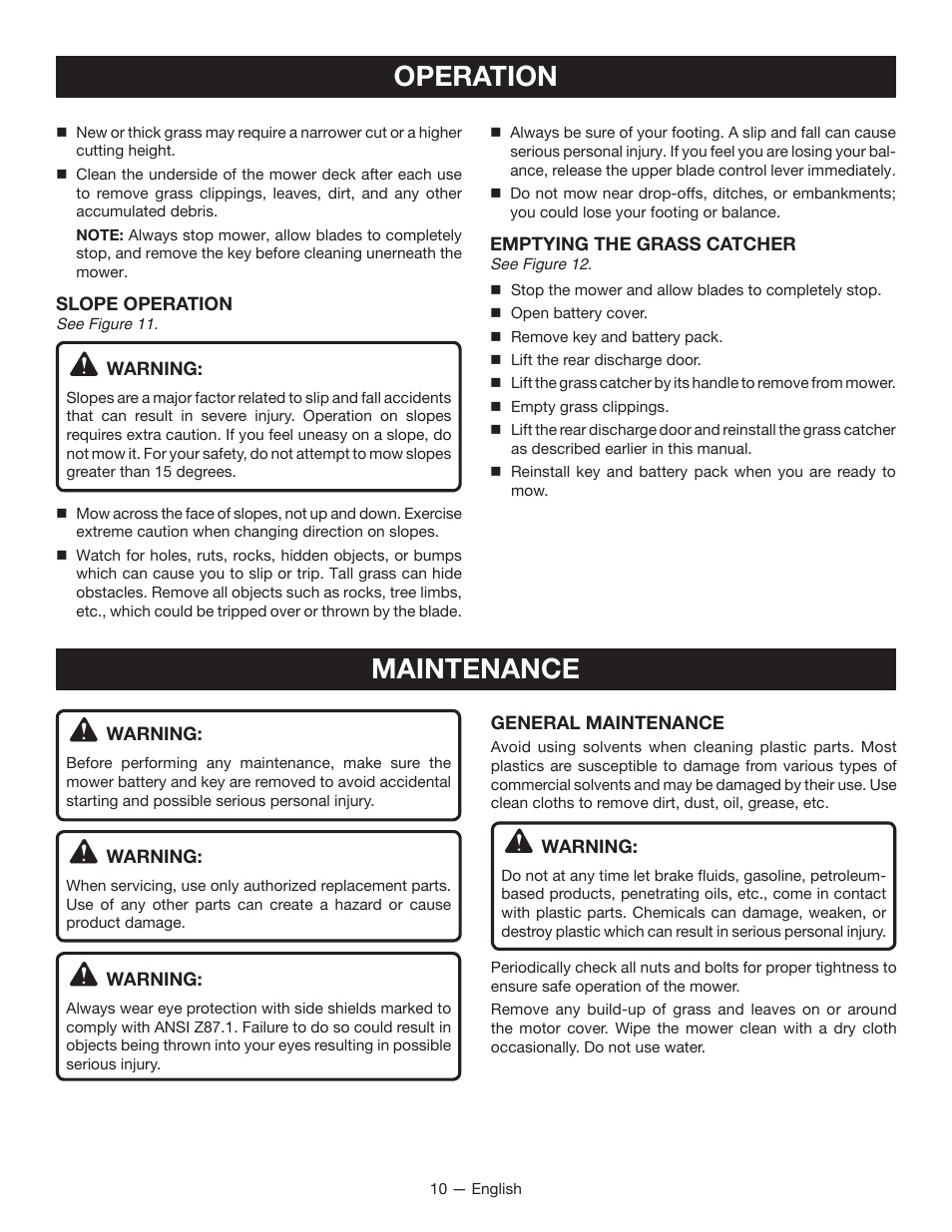Operation, Maintenance | Ryobi RY40101 User Manual | Page 14 / 40