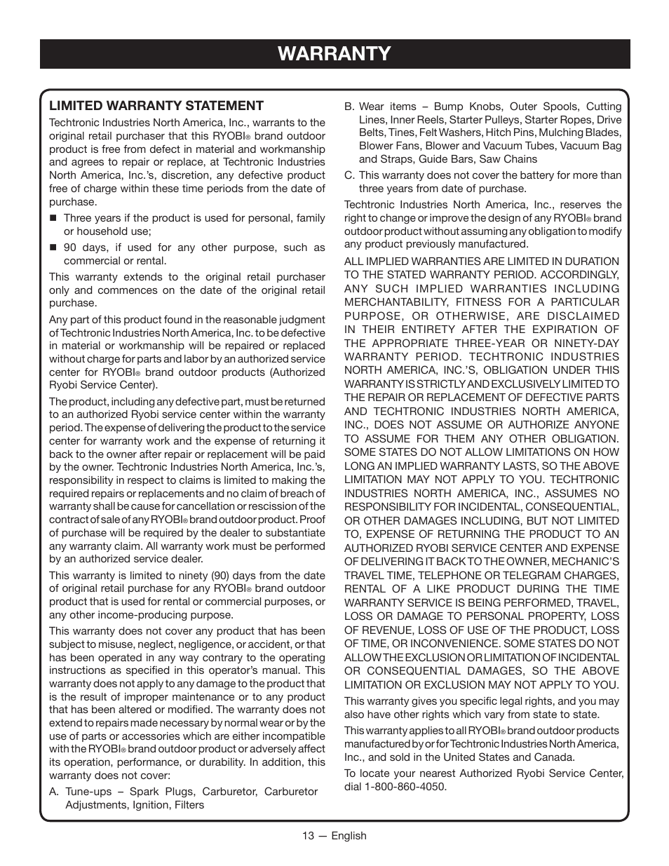 Warranty, Limited warranty statement | Ryobi RY40101 User Manual | Page 17 / 40