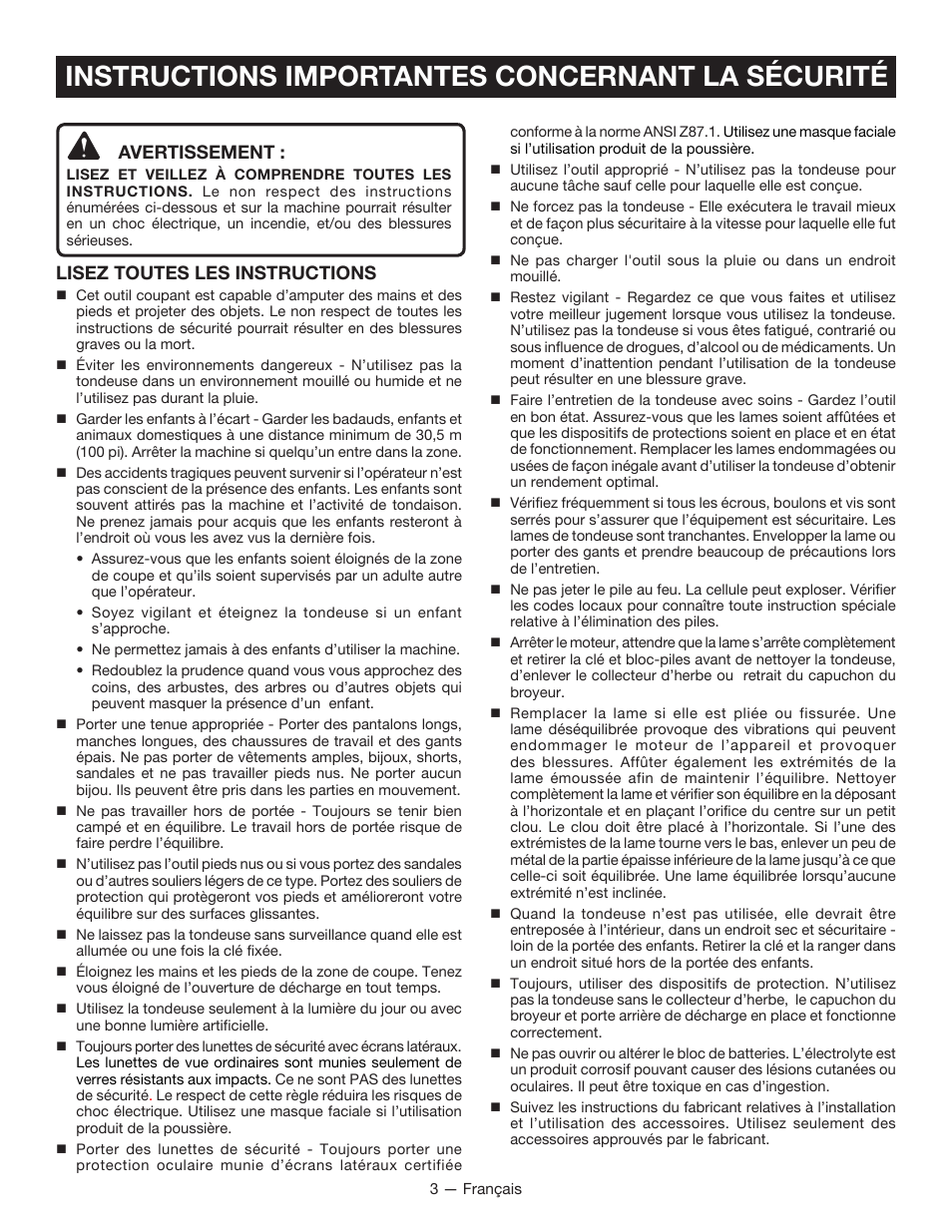 Instructions importantes concernant la sécurité, Avertissement, Lisez toutes les instructions | Ryobi RY40101 User Manual | Page 18 / 40