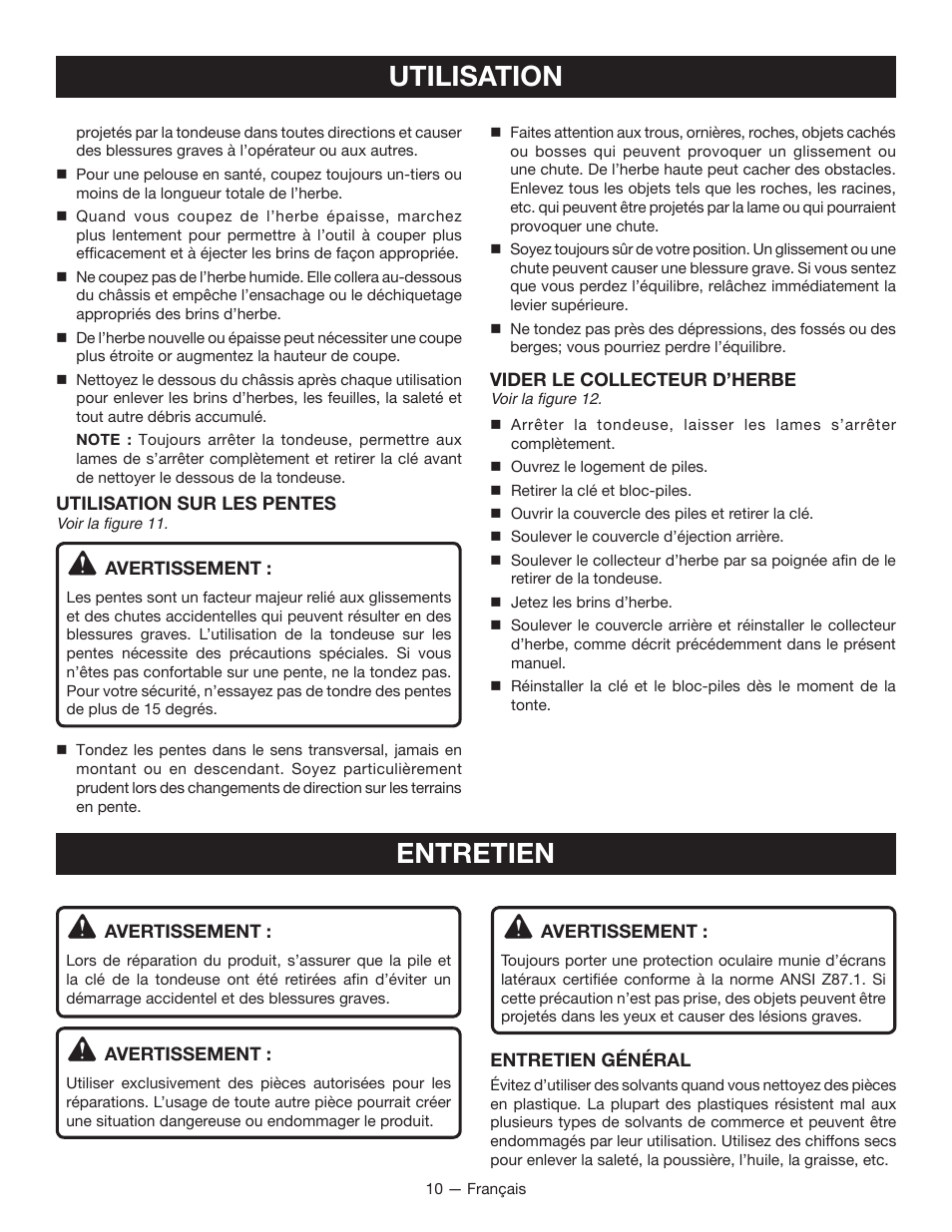 Entretien utilisation | Ryobi RY40101 User Manual | Page 25 / 40