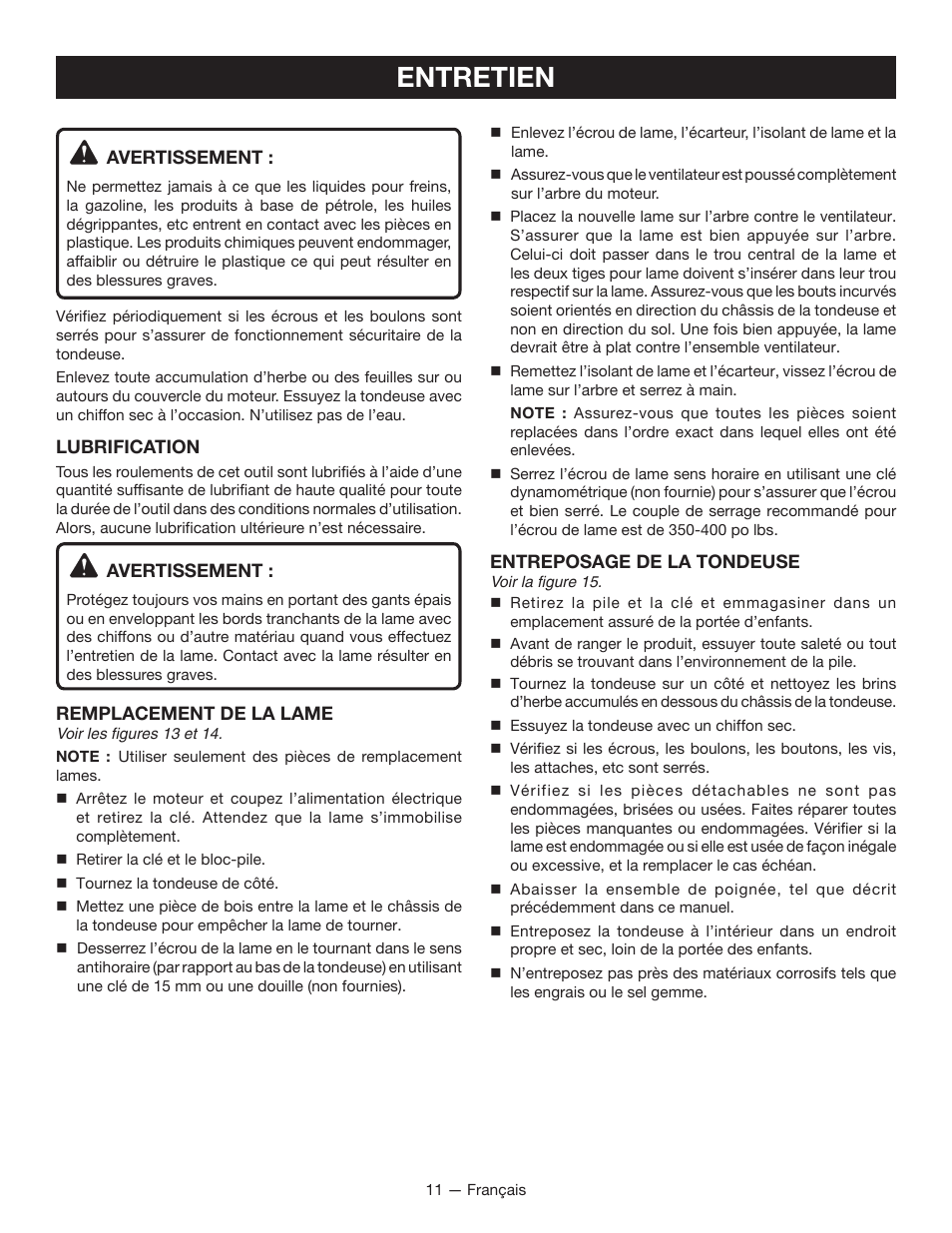 Entretien | Ryobi RY40101 User Manual | Page 26 / 40