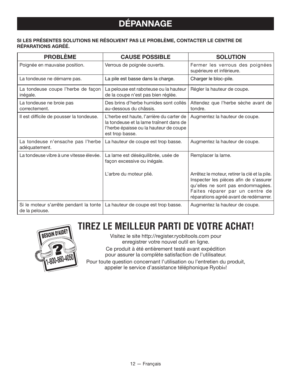 Tirez le meilleur parti de votre achat, Dépannage | Ryobi RY40101 User Manual | Page 27 / 40