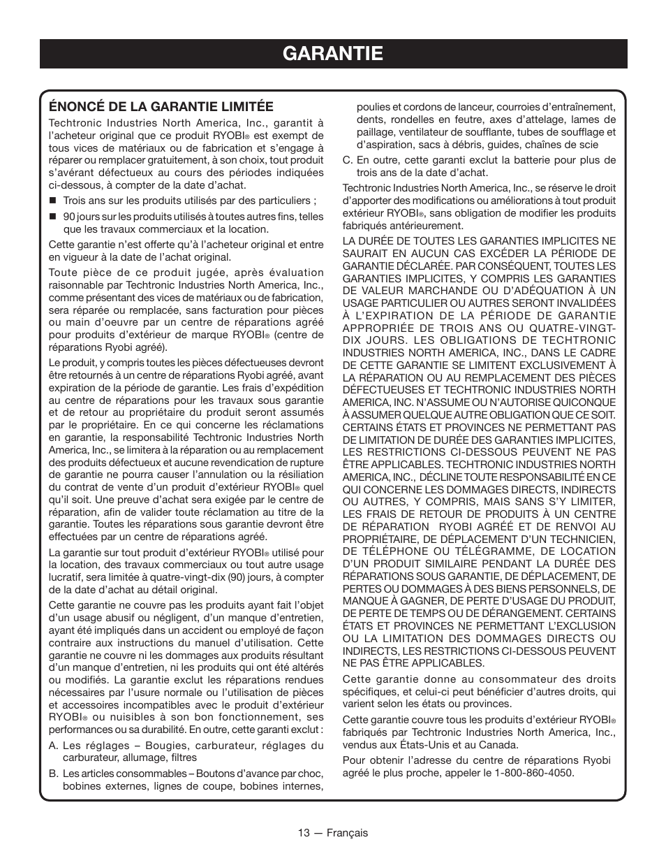 Garantie, Énoncé de la garantie limitée | Ryobi RY40101 User Manual | Page 28 / 40