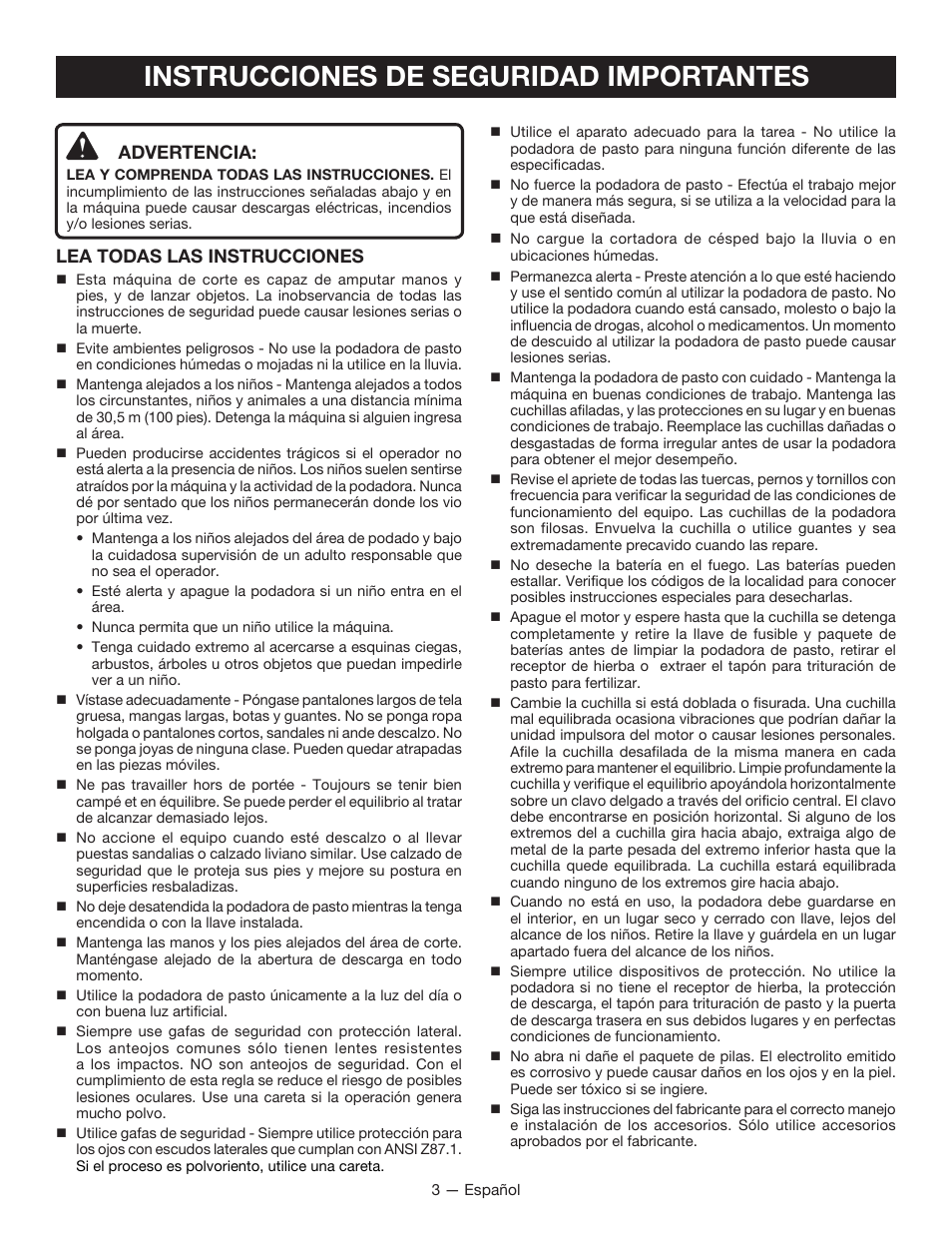 Instrucciones de seguridad importantes, Advertencia, Lea todas las instrucciones | Ryobi RY40101 User Manual | Page 29 / 40