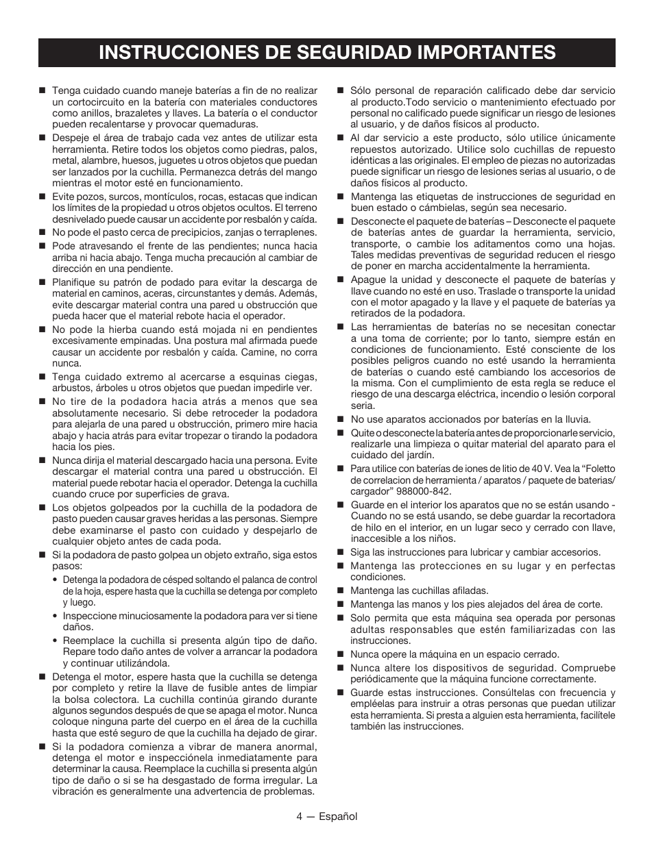 Instrucciones de seguridad importantes | Ryobi RY40101 User Manual | Page 30 / 40