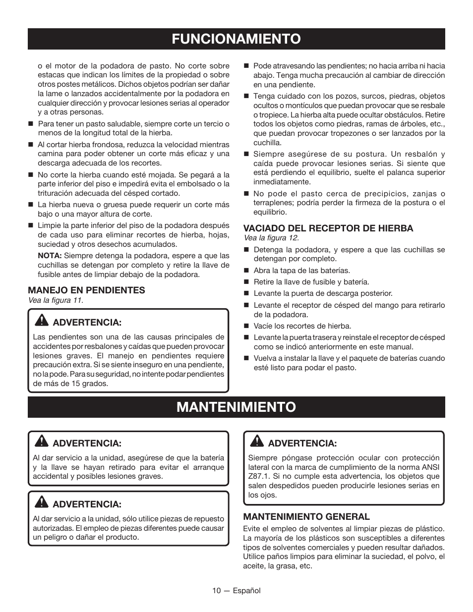 Mantenimiento funcionamiento | Ryobi RY40101 User Manual | Page 36 / 40