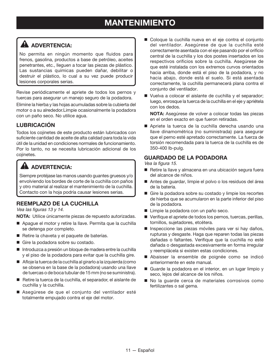 Mantenimiento | Ryobi RY40101 User Manual | Page 37 / 40