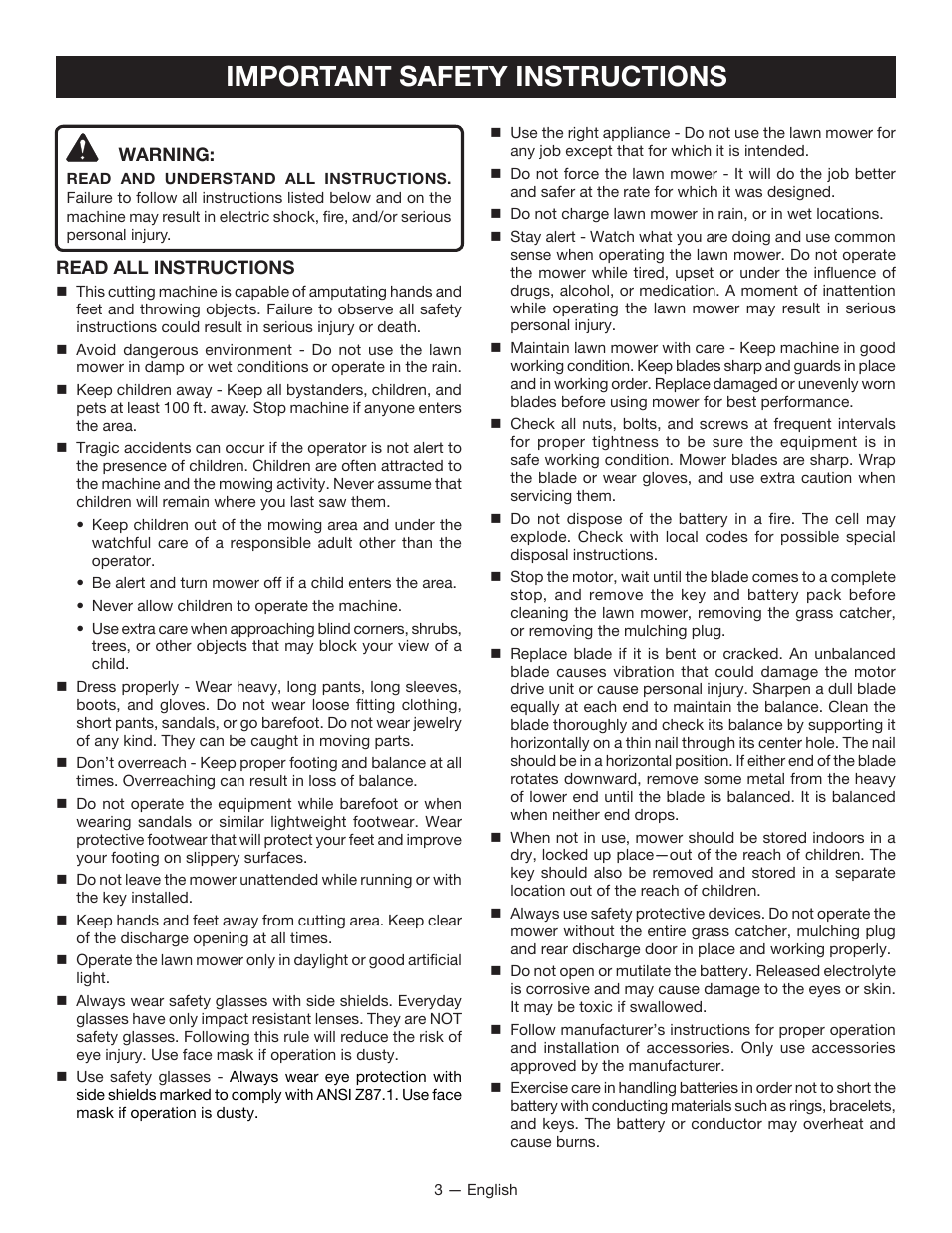 Important safety instructions | Ryobi RY40101 User Manual | Page 7 / 40