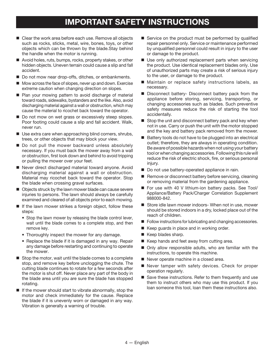 Important safety instructions | Ryobi RY40101 User Manual | Page 8 / 40