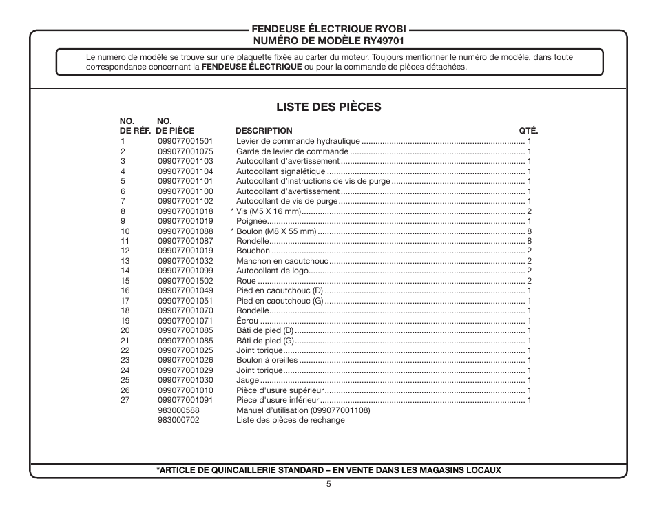 Liste des pièces | Ryobi RY49701 User Manual | Page 5 / 8