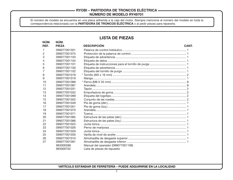 Lista de piezas | Ryobi RY49701 User Manual | Page 7 / 8