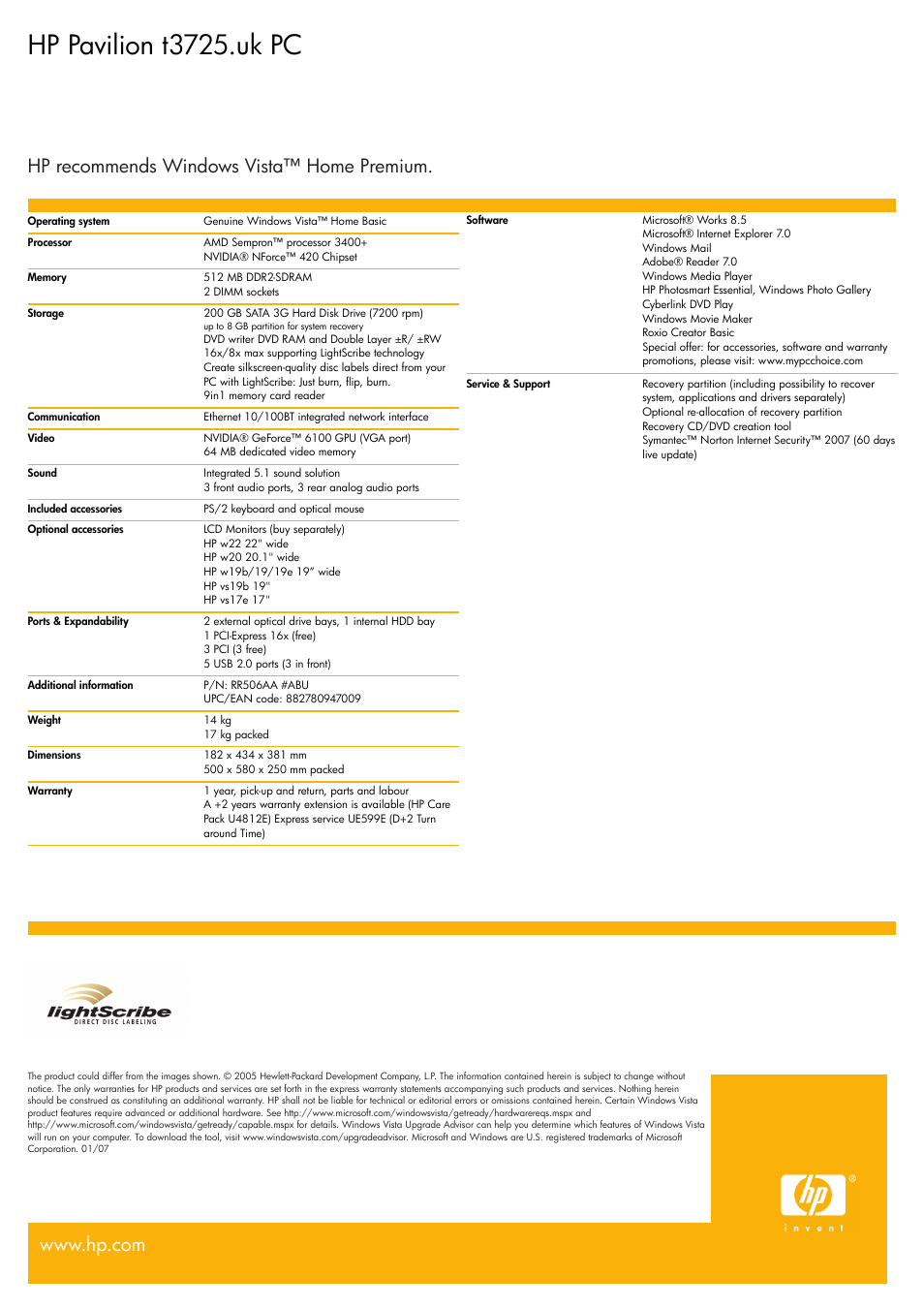 Hp pavilion t3725.uk pc | BT Pavilion t3725.uk User Manual | Page 2 / 2