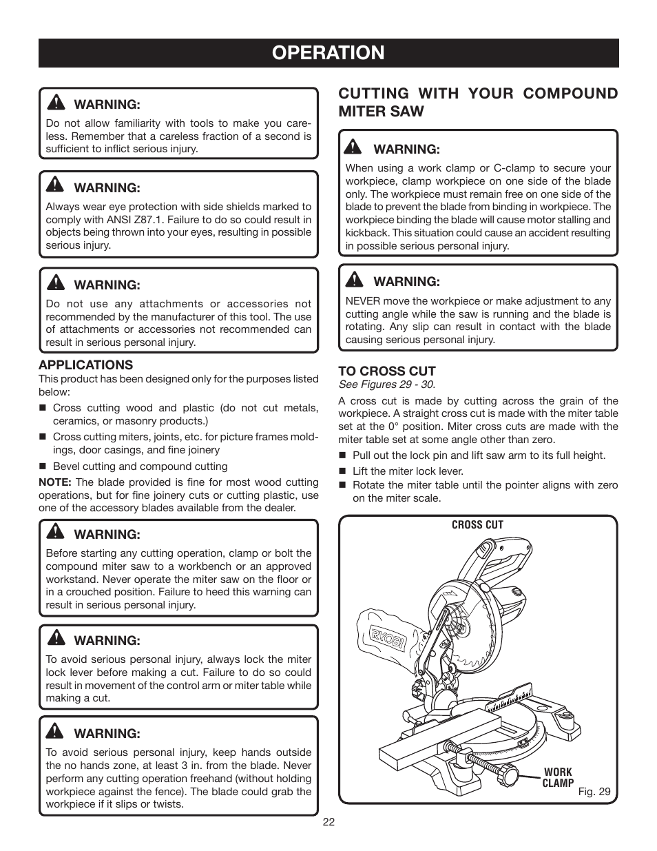 Operation, Cutting with your compound miter saw | Ryobi TS1141 User Manual | Page 22 / 32