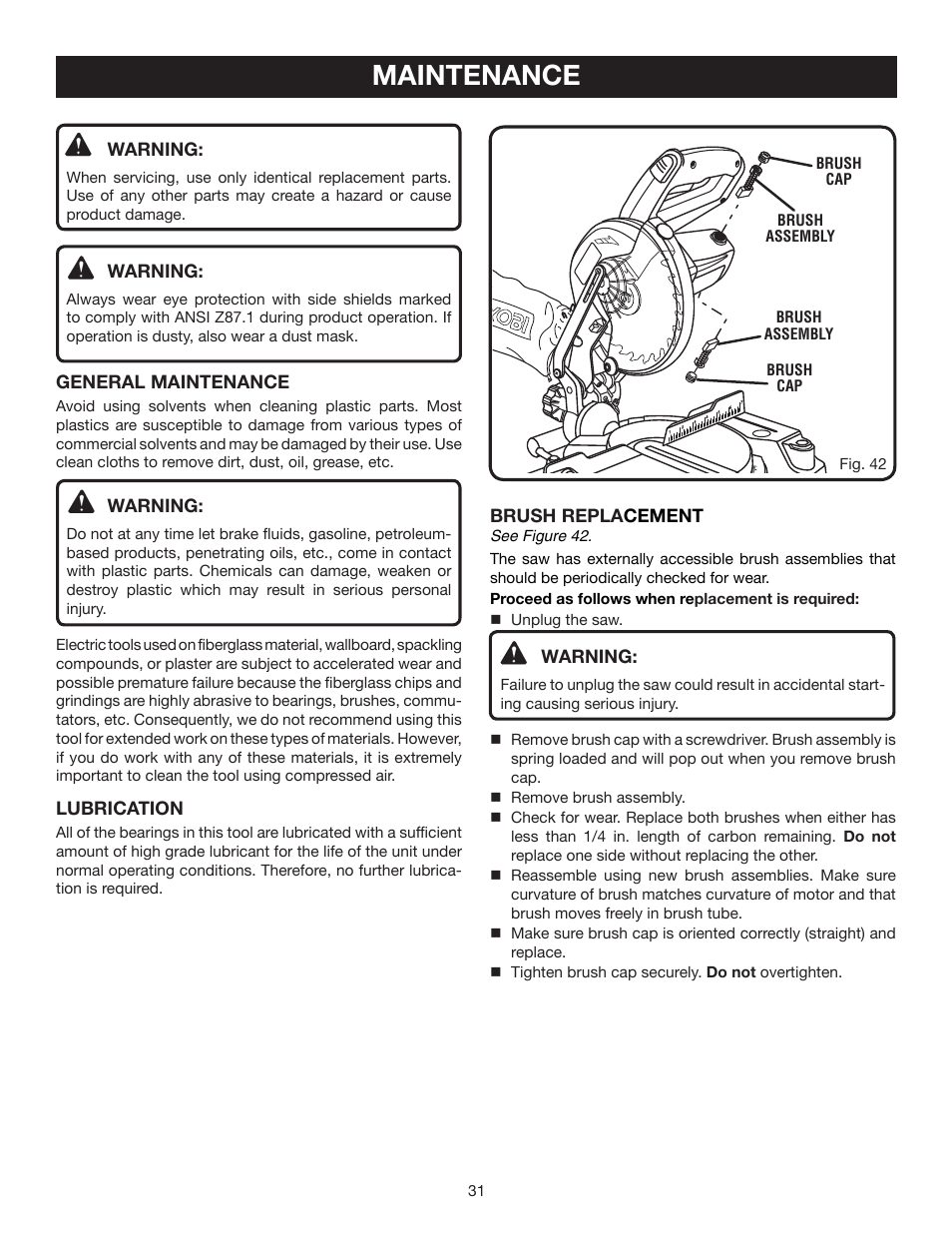 Maintenance | Ryobi TS1141 User Manual | Page 31 / 32