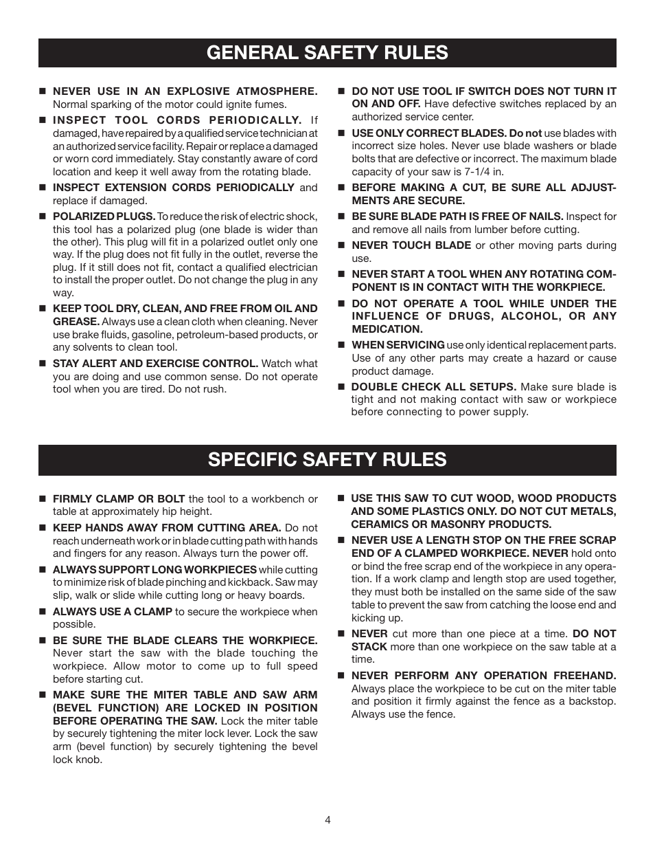 General safety rules, Specific safety rules | Ryobi TS1141 User Manual | Page 4 / 32
